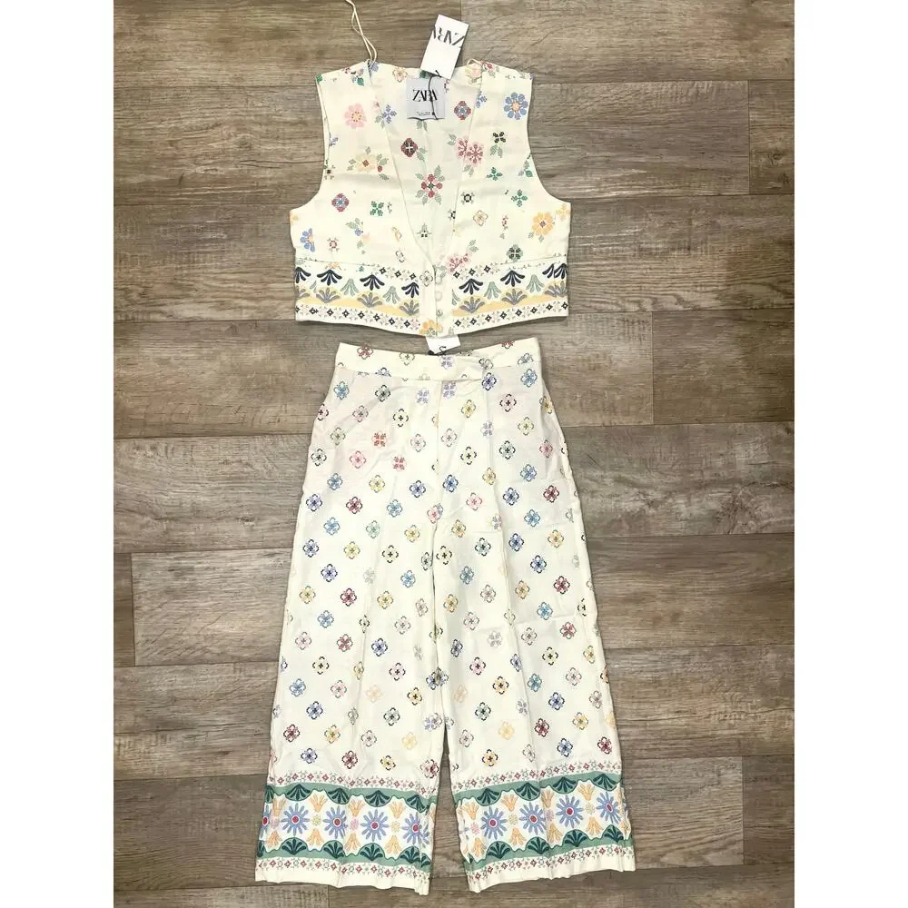 Zara NWT Embroidered Linen Blend Vest Wide Leg Pants Set M